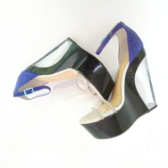 Gianni Bini  Clear & Black Mega Wedge  Royal Blue Suede Ankle Strap Sandals Sz 7 - Picture 9 of 9